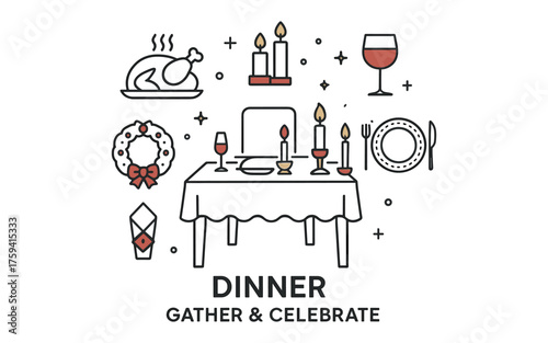 Elegant holiday dinner outline with candlelit table setting and festive decor