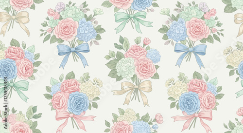 Pastel Bouquet Symphony: Seamless Floral Pattern with Roses and Hydrangeas