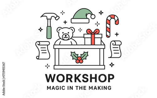 Christmas workshop magic with toys and gifts in festive line art style