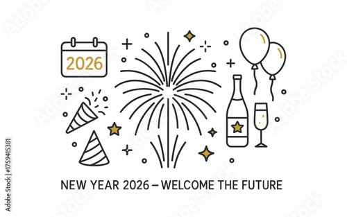 Celebrate 2026 with fireworks, champagne, and party elements for new year festivities