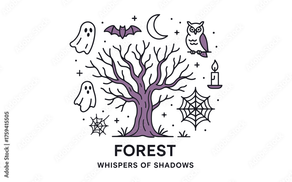 Obraz premium Spooky forest scene with ghosts, bat, owl, and webs in linear style