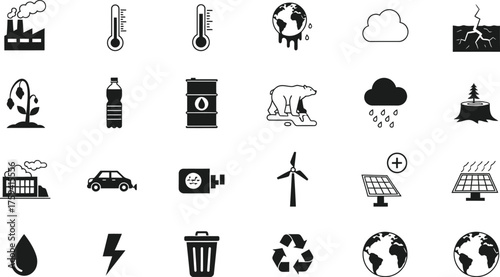 Collection of environmental protection and pollution icons representing industry nature and renewable energy isolated on transparent background
