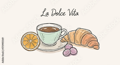 Watercolor Illustration of Coffee, Croissant and Orange for La Dolce Vita
