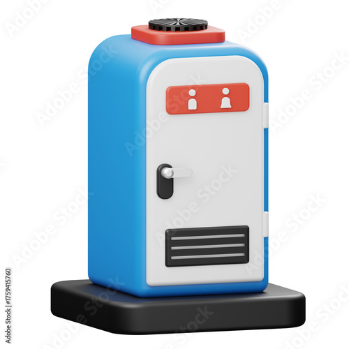 Blue and White Public Toilet Booth with Red Accent and Black Base Featuring Gender Icons on Transparent Background
