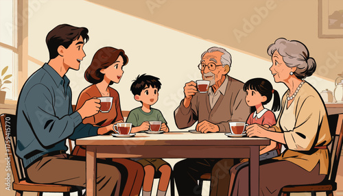A warm afternoon when the whole family visits grandparents and enjoys heartfelt conversations over tea together