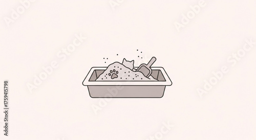 Cat litter box with sand and scoop vector illustration of pet toilet with paw print and cat ears