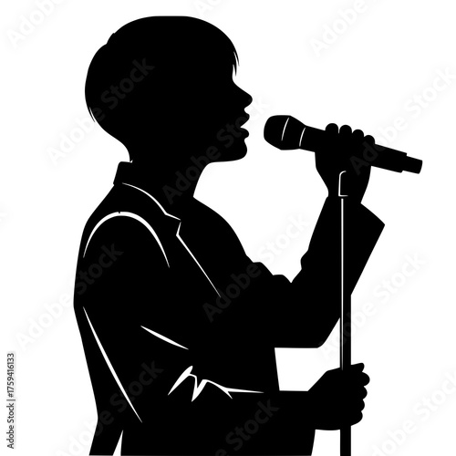 silhouette of a singer performing with a microphone and stand. Perfect for music, concert, stage performance, entertainment, and artistic designs, posters, digital artwork, and print projects.