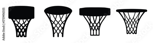 Collection of four black basketball hoops with net details showing different styles side by side for sporty graphics