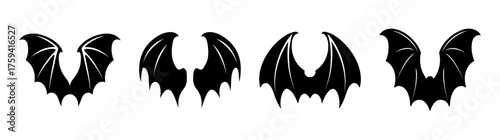 Set of four distinct black bat wings with detailed textures perfect for fantasy and halloween designs