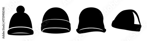 Four diverse black beanie hat styles displayed in silhouette showing front back side and angled views ideal for fashion design mockups