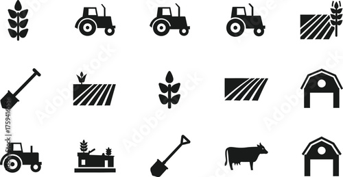 Collection of agricultural icons including tractors wheat fields barns shovels and a cow isolated on transparent background