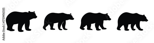 Four black bear silhouettes walking in succession isolated wild animal graphic