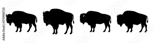 Four silhouette bison standing in a row textured animal wildlife art graphic element isolated