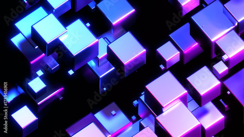 Neon glowing cubes in space, 3D technological background with purple and blue cubes on black background, digital cybernetic background.