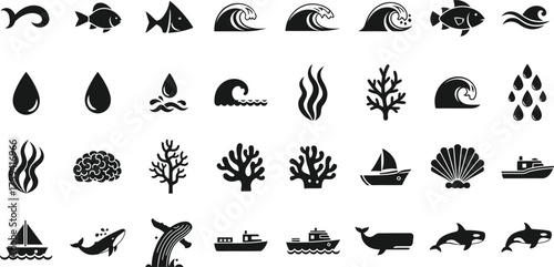 Collection of black and white marine life and nautical icons isolated on transparent background