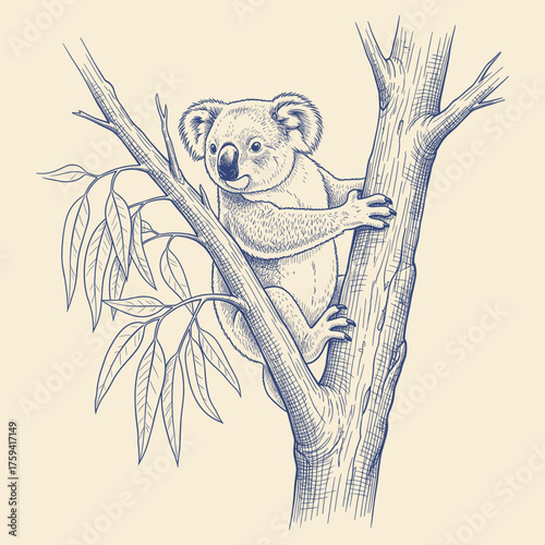 Hand drawn illustration of a cute koala clinging to a eucalyptus tree in its natural habitat.