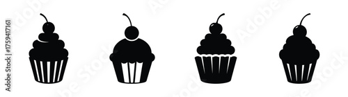 Fourblacksilhouettesofcupcakeswithcherriesontopadelightfuldesserttreatcollection