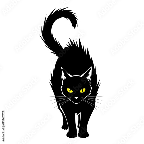 Spooky black cat with glowing yellow eyes, perfect for Halloween designs and eerie themed projects, creating a mysterious and captivating atmosphere