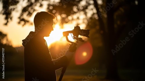 Silhouetted filmmaker adjusting a camera rig during golden hour