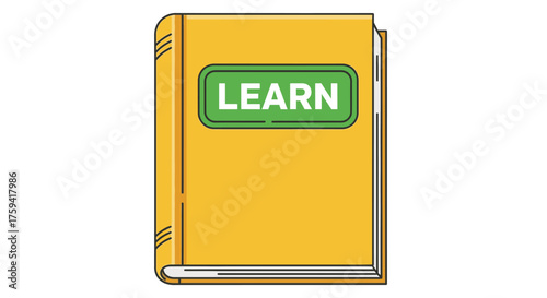 Illustrated Yellow Book with "LEARN" Text on Green Label, Education Concept