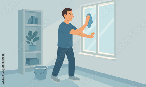 Vector illustration of a man cleaning window at home with cloth and bucket. Simple flat scene for housekeeping, hygiene, chores, and daily routine concepts.