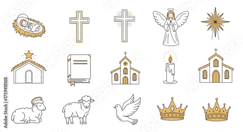 Flat lay of various Christmas and Christian icons in gold, white, and gray on a plain white background.