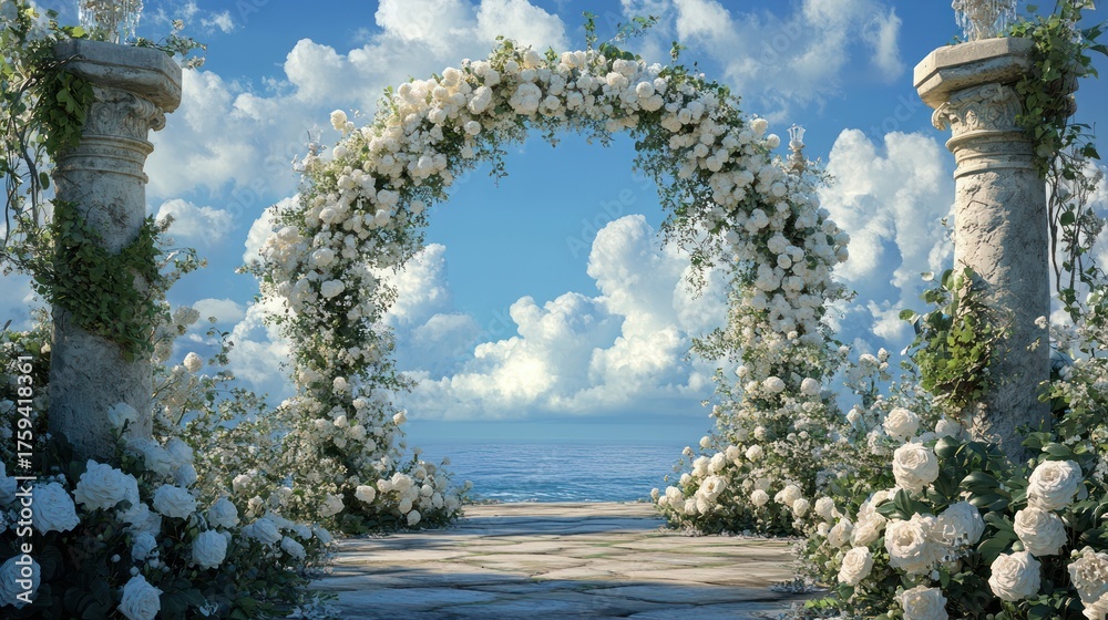 Fototapeta premium Flower archway on stone platform by the sea with a cloudy sky background