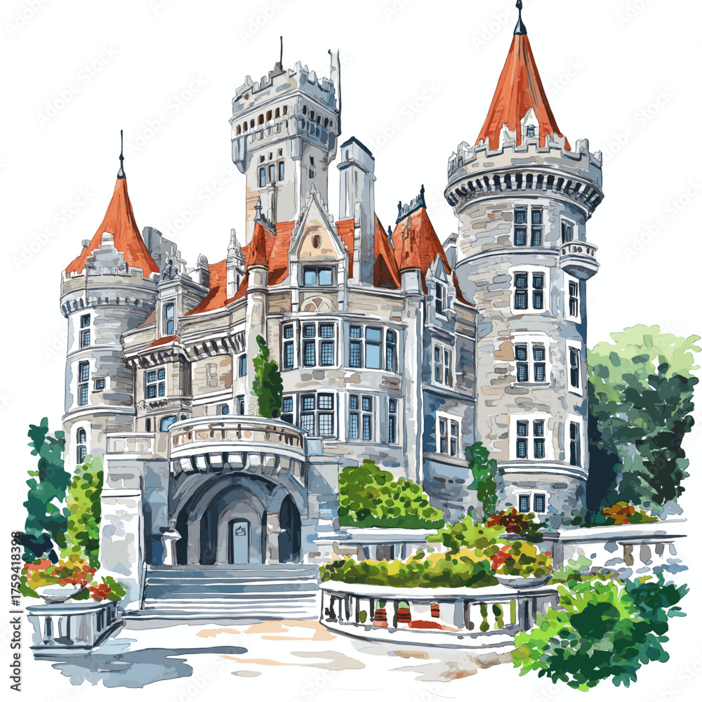 Casa Loma. Casa Loma hand drawn watercolor illustration