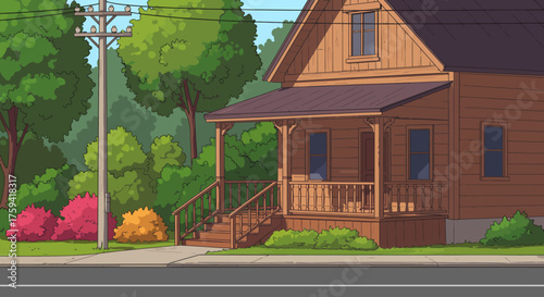 A suburban house with a brown roof and wooden siding situated on a tree-lined street with a sidewalk and colorful bushes in a residential neighborhood.