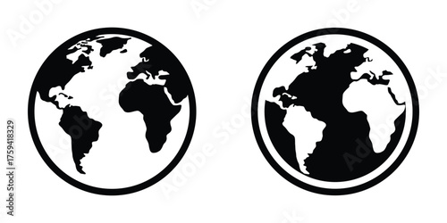 World Map Globe Icon Set. Earth Vector in Outline and Solid Style