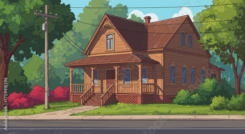 Illustration of a brown wooden house with a porch on a tree-lined street in a suburban neighborhood with a sidewalk and road.