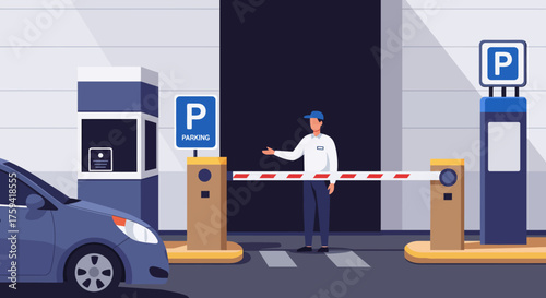 Illustration of a man standing beside a parking barrier with a car approaching in a modern parking lot with a gate.