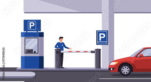 Illustration of a parking attendant operating a gate with a red car waiting in a modern parking lot with a blue ticket booth.