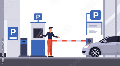 Illustration of a man in a blue shirt and orange pants operating a parking gate with a silver car at a modern parking station.