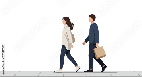 Illustration of a man and woman walking side by side on a sidewalk, both dressed in business casual attire, with the man carrying a briefcase, against a plain white background.