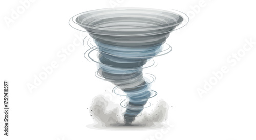 Illustration of a swirling blue and gray tornado on a white background with motion lines and debris.