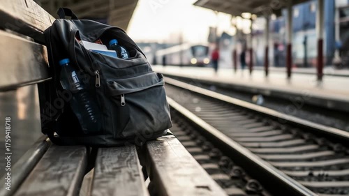 Backpack rests on a bench at a train station with tracks and train blurred in the background