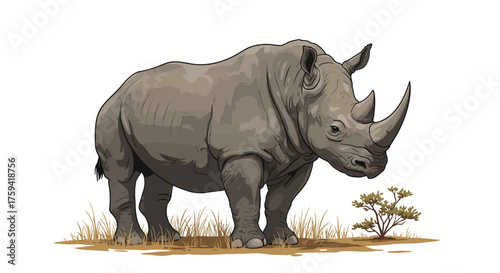 Illustration of a gray rhinoceros standing on dry grass with a small bush, set against a white background with earthy tones.