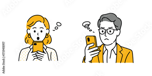 Two people, a woman and a man, looking at their smartphones with confused and surprised expressions,Vector Illustration isolated on transparent background