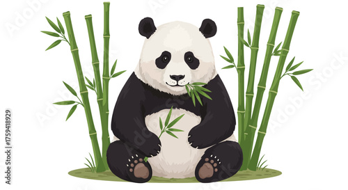 Illustration of a panda sitting cross-legged eating bamboo shoots and leaves on a green patch surrounded by bamboo stalks on a white background.