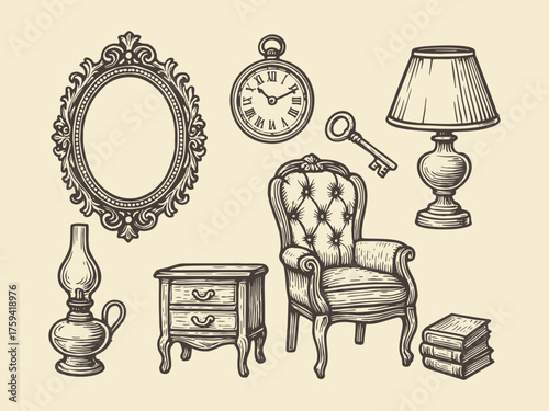 vintage furniture and decor engraving style vector illustration