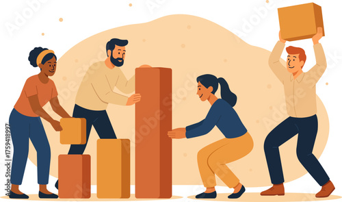 Vector illustration of diverse team stacking blocks together, symbolizing teamwork, cooperation, success, and business growth. Ideal for corporate design, web, and presentations.