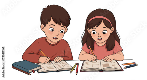 Two children, a boy and a girl, sitting at a table, writing in notebooks with pencils, on a white background with a colorful and educational mood.