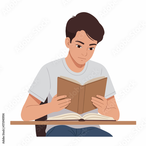 Cartoon Young Man Reading a Book at Desk Illustration