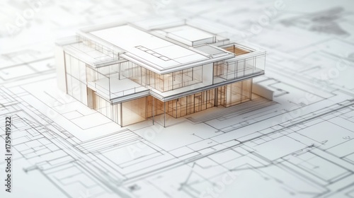 House model sits on blueprints. Use real estate, architecture