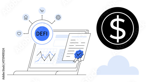 Laptop screen displaying DeFi services, financial chart, certified document. Includes currency icon, cloud, DeFi network links. Ideal for finance, blockchain, digital economy investment