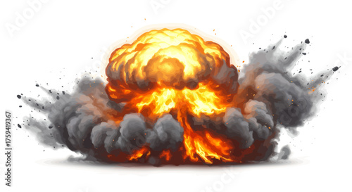A large explosion with a mushroom cloud of orange and yellow flames surrounded by dark gray smoke against a white background.
