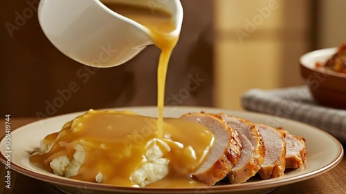 Delicious gravy poured over mashed potatoes and roasted meat on plate