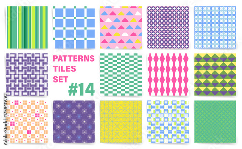 Retro seamless pattern collection, bold geometric stripes, modern japanese oriental style, and checker vector tiles. Seamless patterns with green, teal, blue and pink stripes wavy squares and grids