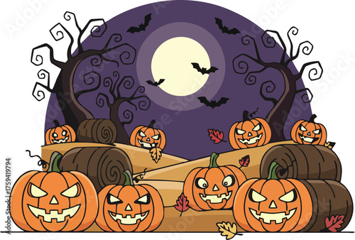 Spooky Halloween Pumpkin Patch Vector Illustration, Jack-o-Lanterns, Moon, Twisted Trees, Hay Bales, Bats, and Autumn Leaves